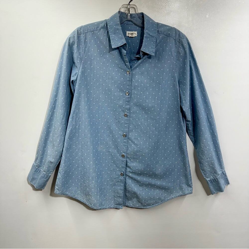 Foxcroft Shirt Blue Swiss Dot Cotton Button Front Long Slee Blouse Size 4